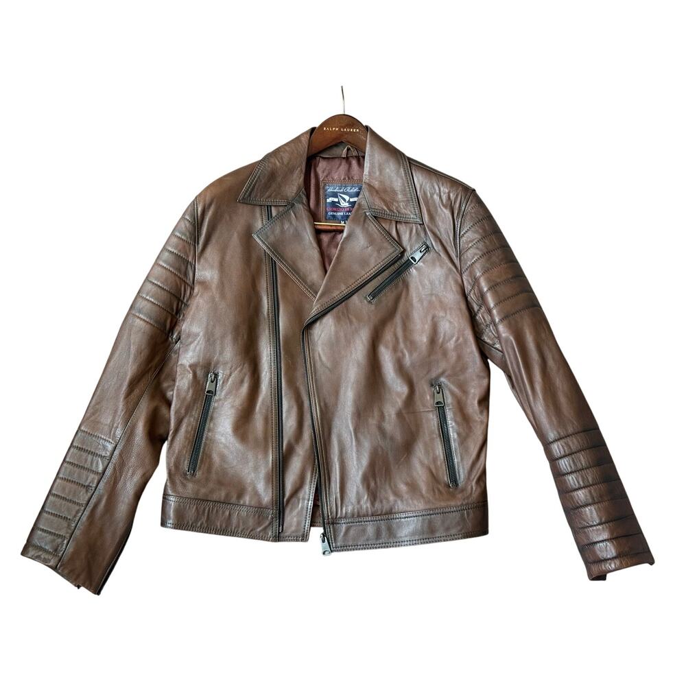 Giorgio Di Mare Ribbed Leather Moto Jacket Brown Size M